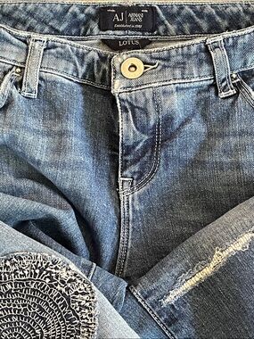 Armani Jeans Lotus Jeans. Boyfriend Distressed Denim Skinny Jeans Embroidered.
